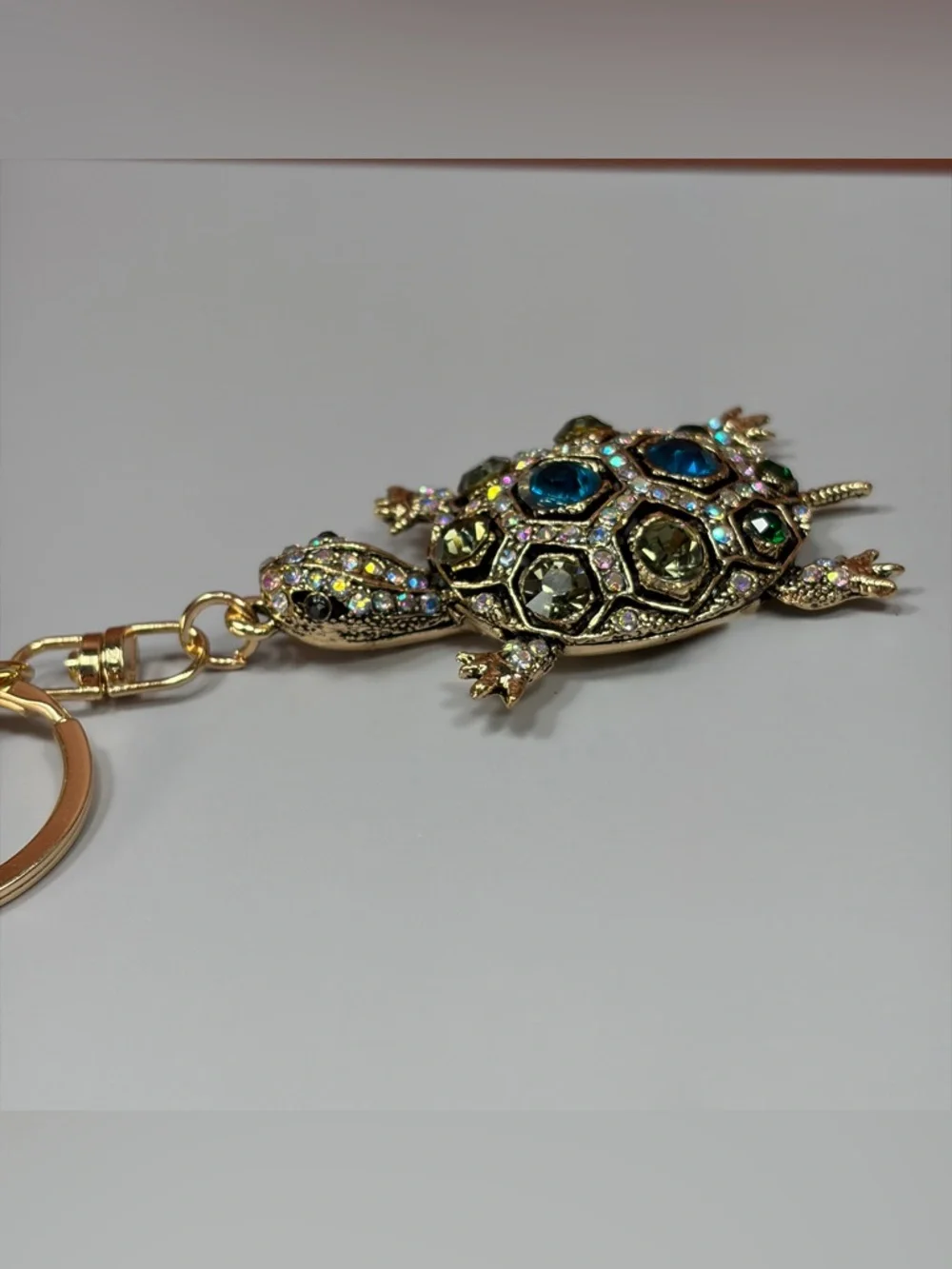 Sparkling Gold Turtle Keychain with Blue & Green Stones